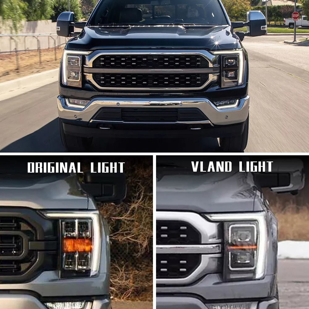 VLAND LED Headlights For 2021-2023 Ford F-150 | Black Housing Reflector Assembly With Switchback DRL (Pair)